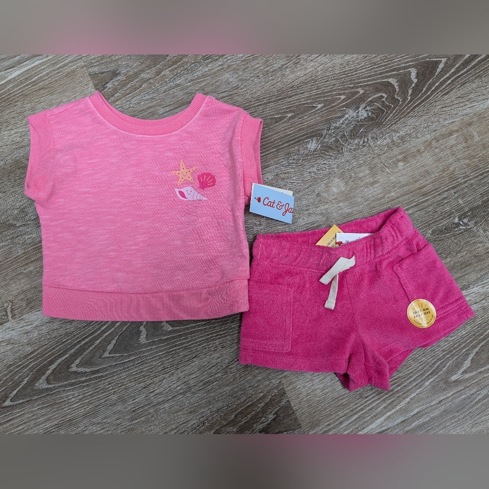 NWT Cat & Jack Pink Two Piece Shirt and Shorts Set Beach Theme Size 18 Months